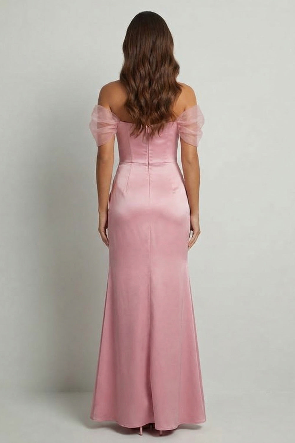 Pink Mermaid Satin Ruched Long Wedding Guest Dress with Slit