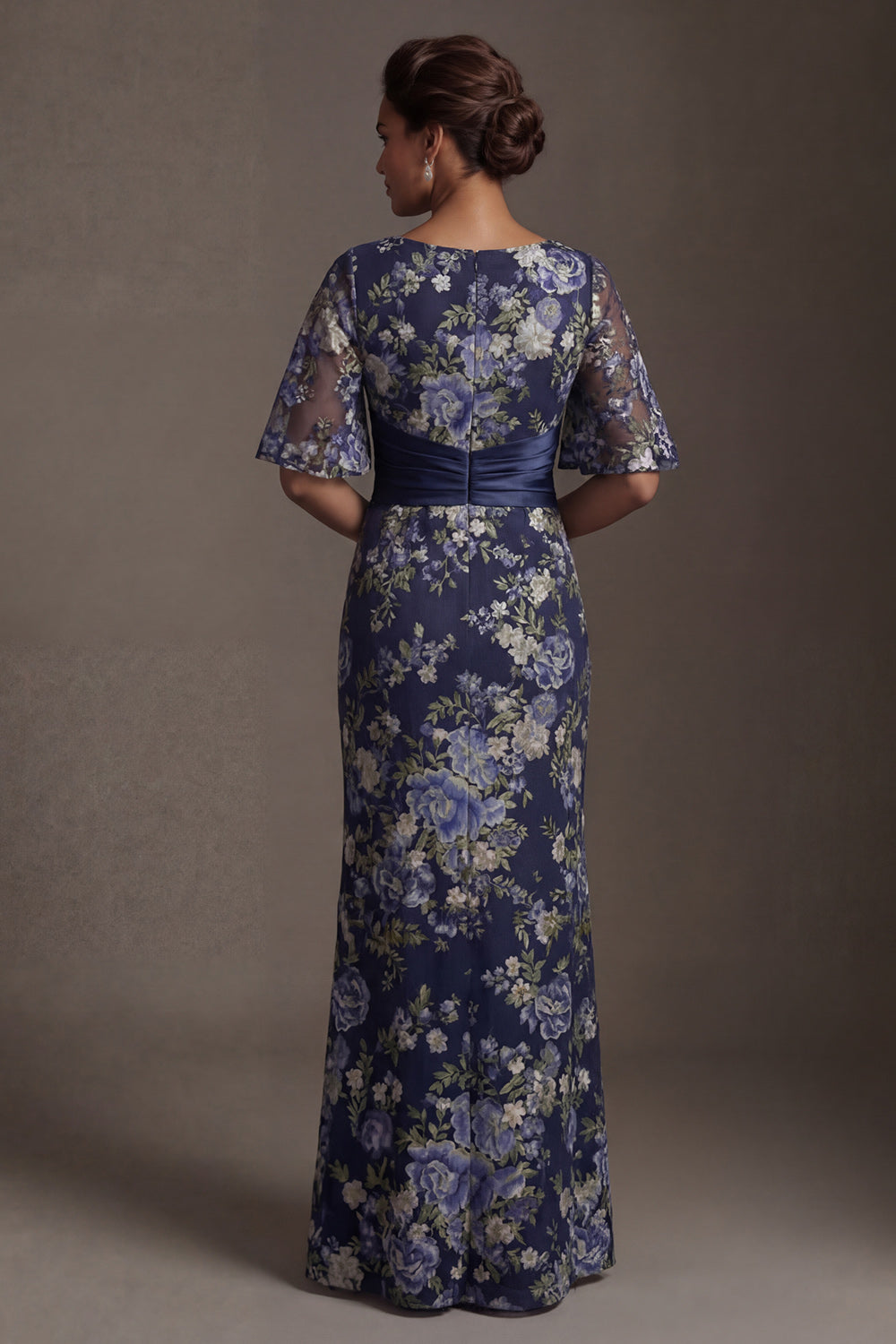 Navy Sheath Half Sleeves Floral Long Wedding Guest Dress