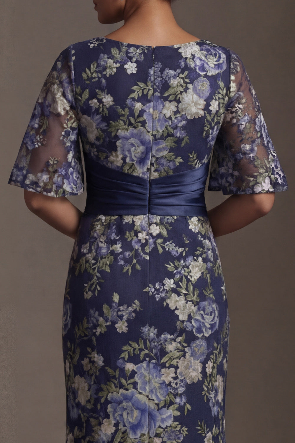 Navy Sheath Half Sleeves Floral Long Wedding Guest Dress