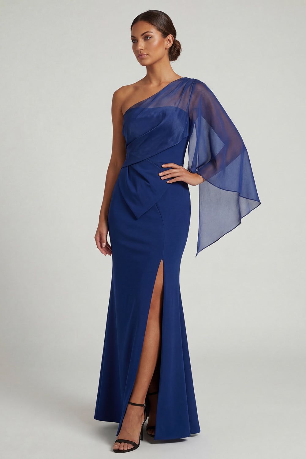Dark Blue One Shoulder Mermaid Maxi Wedding Guest Dress with Slit