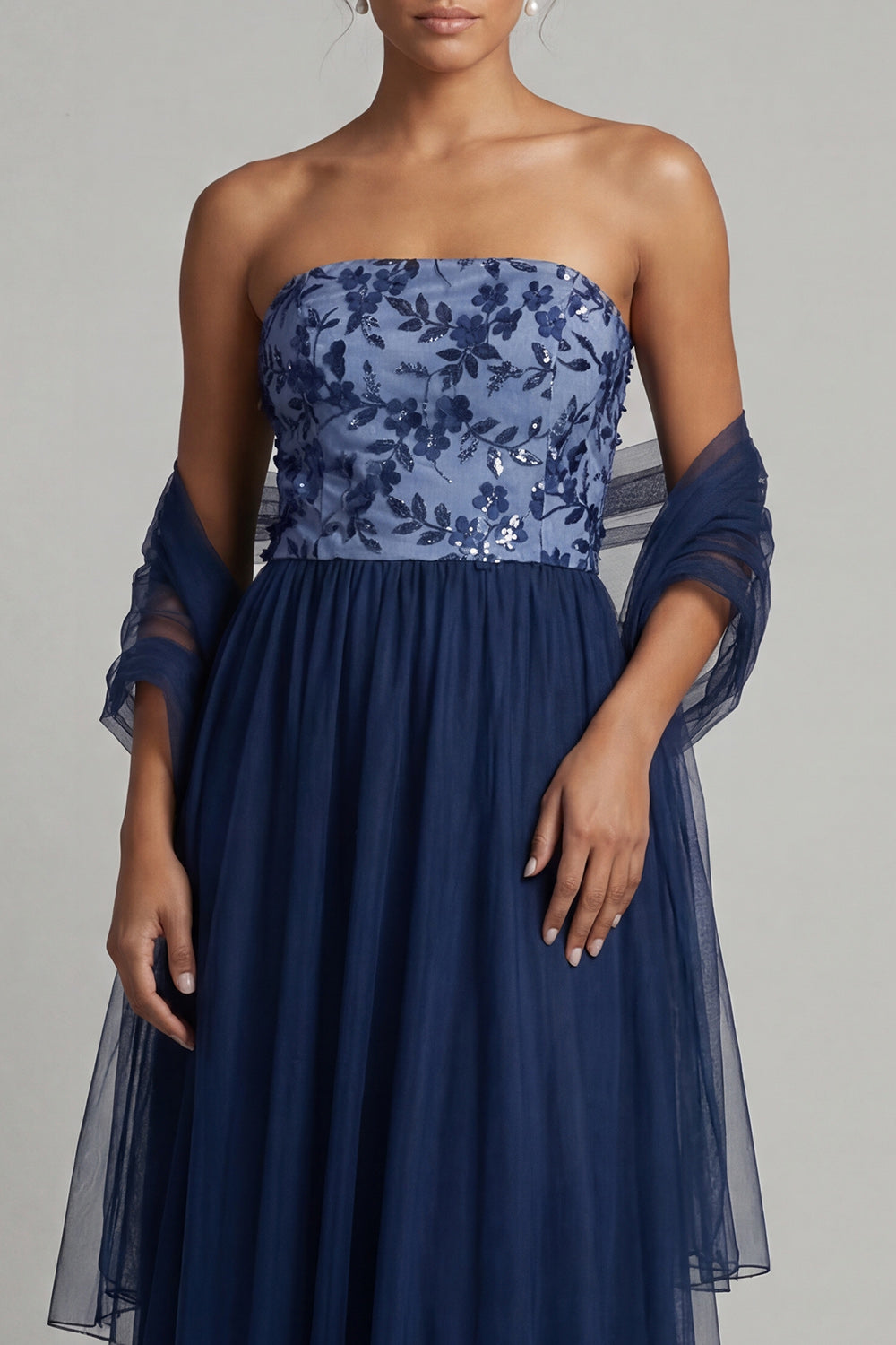 Saprkly A Line Navy Tulle Floral Long Wedding Guest Dress with Shawl