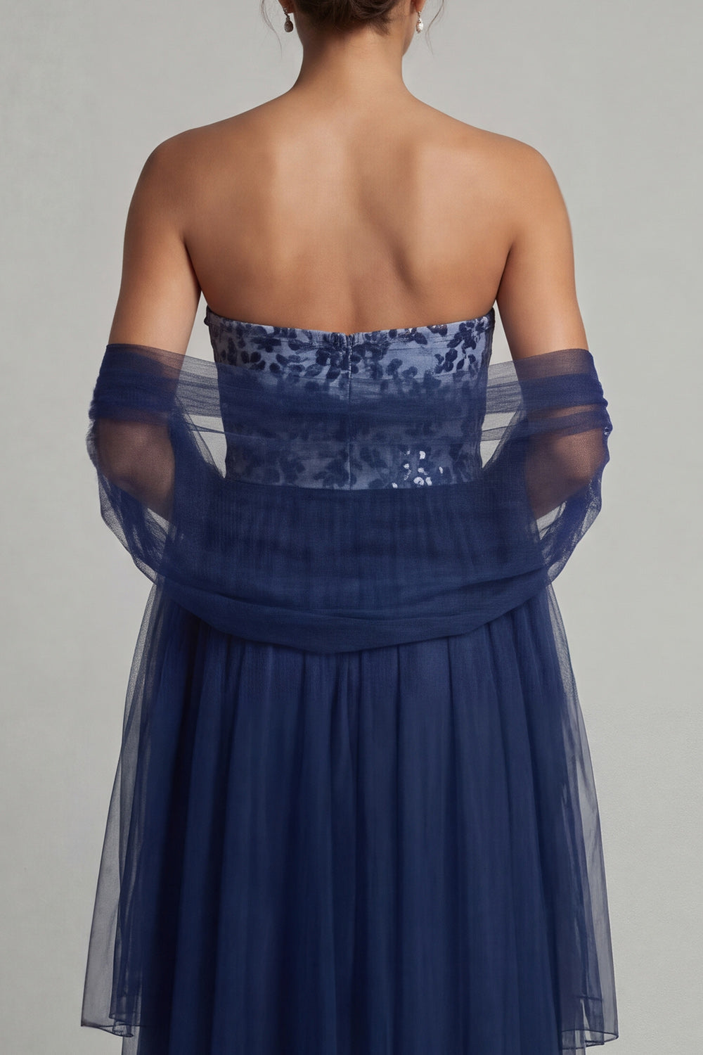 Saprkly A Line Navy Tulle Floral Long Wedding Guest Dress with Shawl