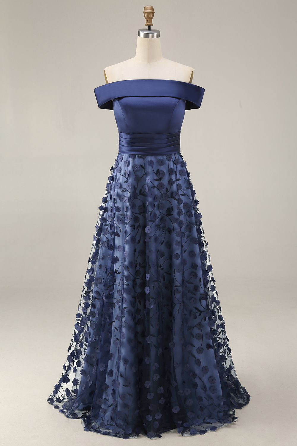 Sparkly Navy A Line Appliqued Floral Long Wedding Guest Dress