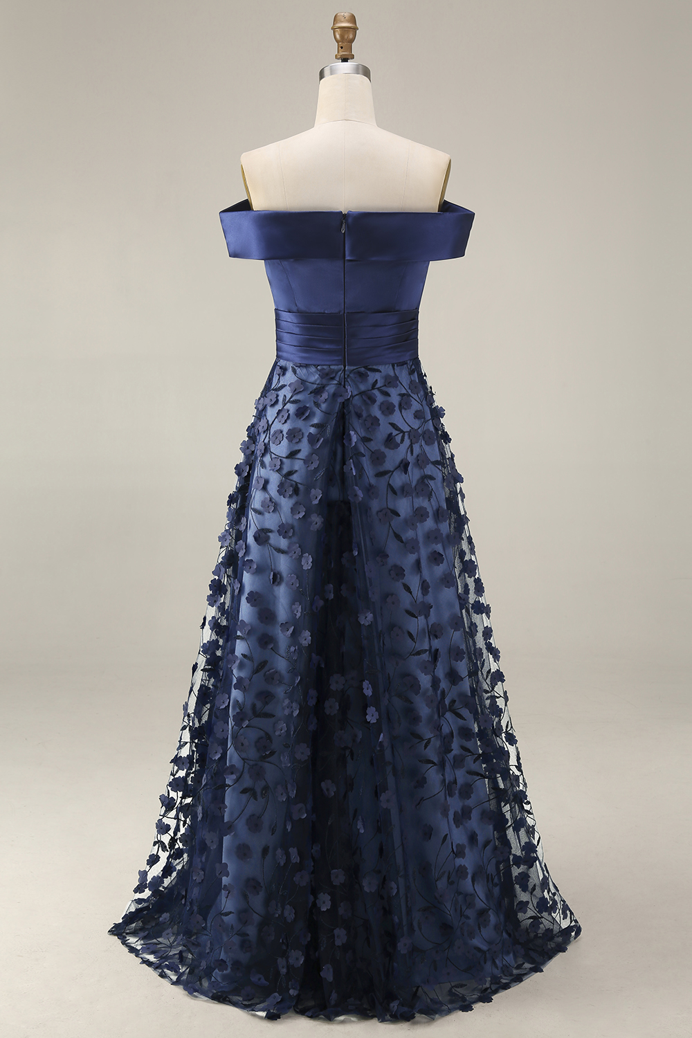 Sparkly Navy A Line Appliqued Floral Long Wedding Guest Dress