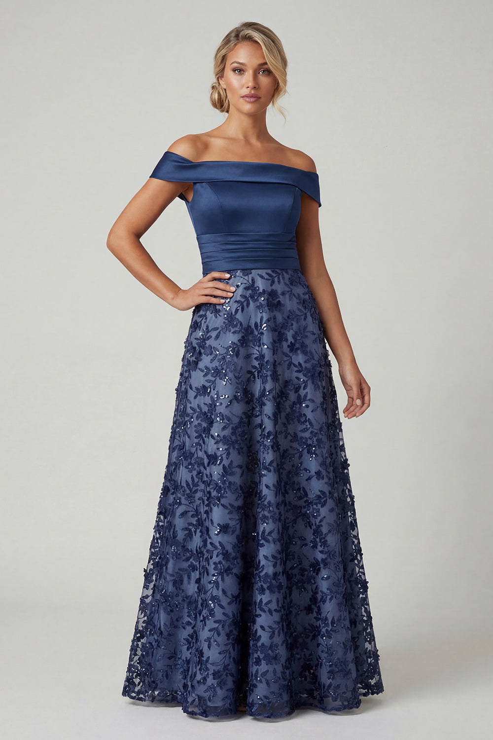 Sparkly Navy A Line Appliqued Floral Long Wedding Guest Dress