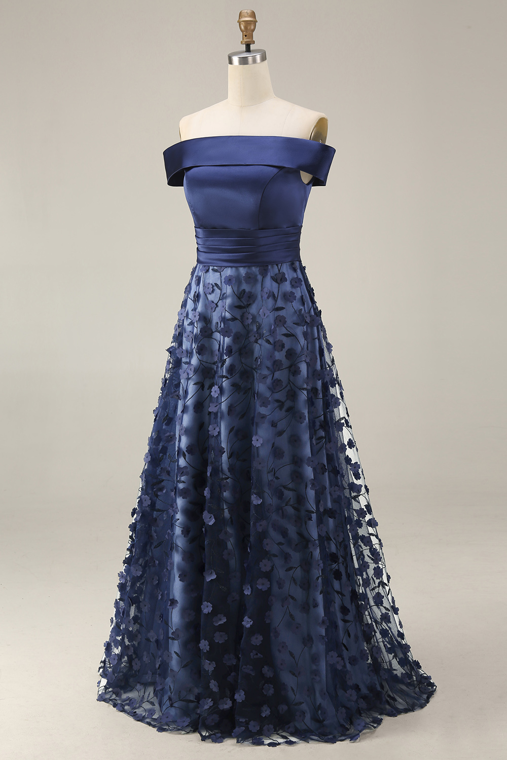 Sparkly Navy A Line Appliqued Floral Long Wedding Guest Dress