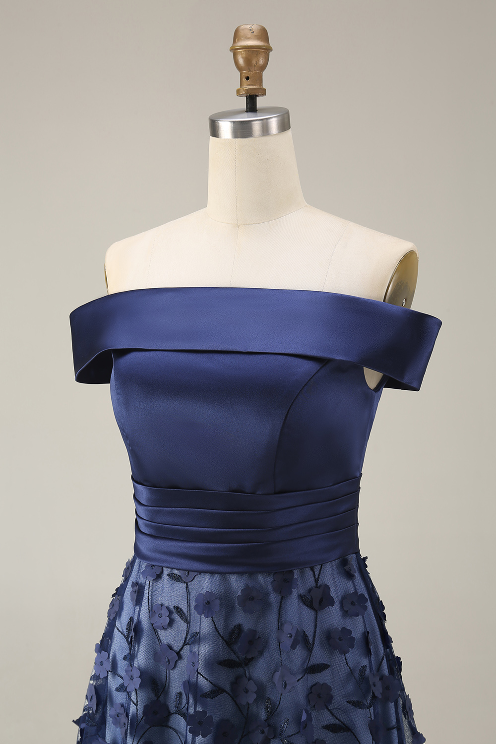 Sparkly Navy A Line Appliqued Floral Long Wedding Guest Dress