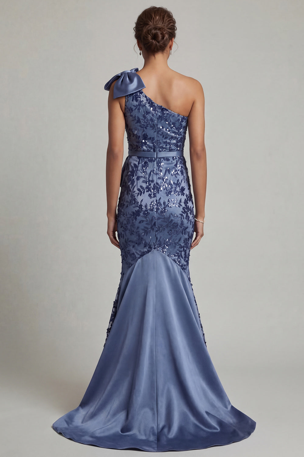 Floral Mermaid Navy Long Wedding Guest Dress with Bow