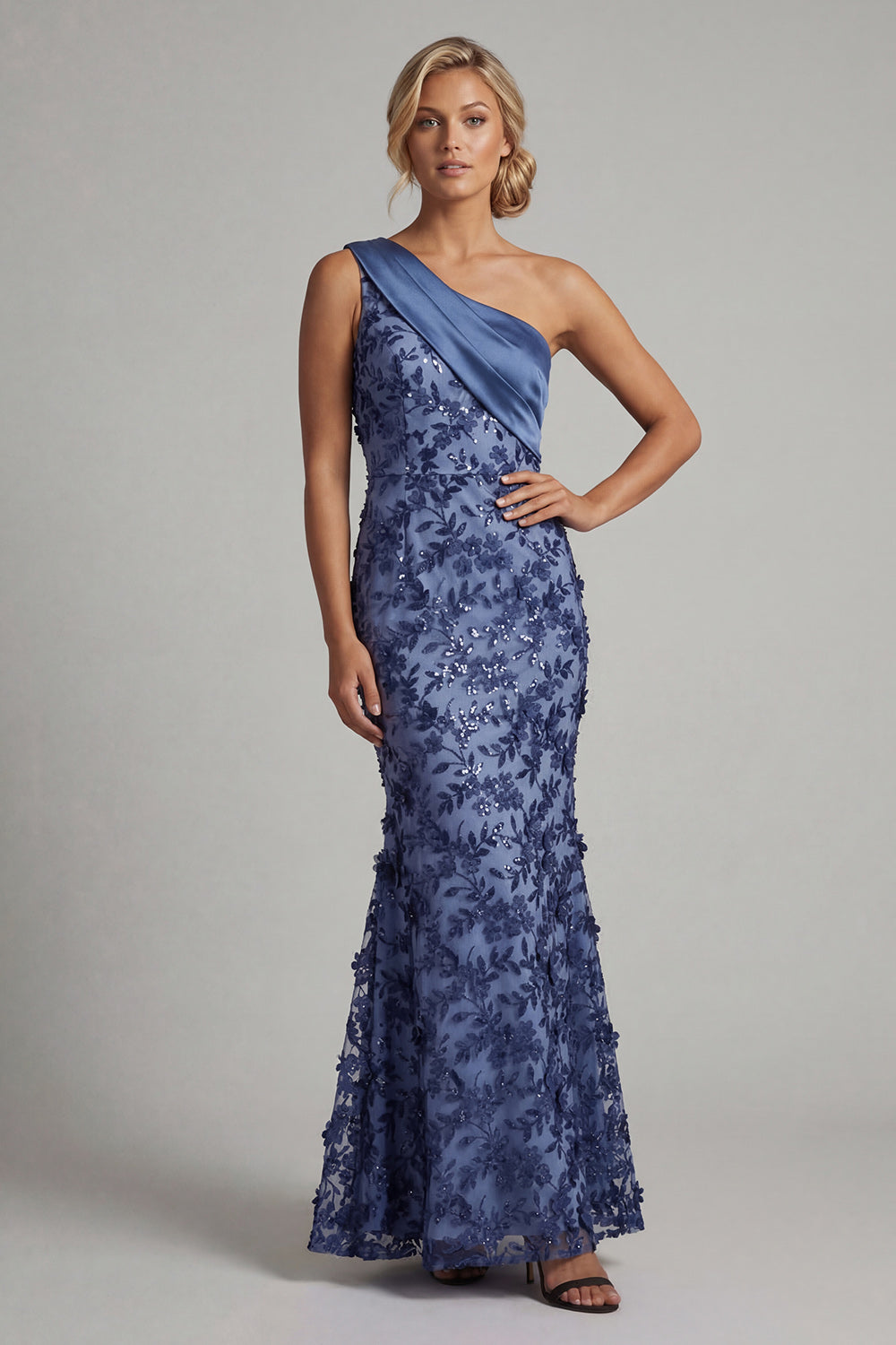 Sparkly Mermaid Navy Floral Maxi Wedding Guest Dress with Appiques