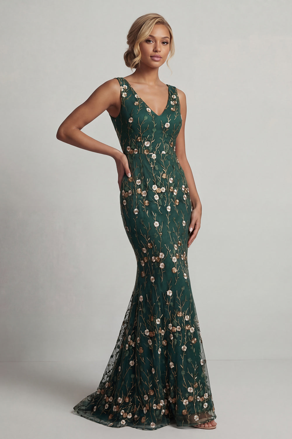 Dark Green Floral V Neck Long Mermaid Wedding Guest Dress