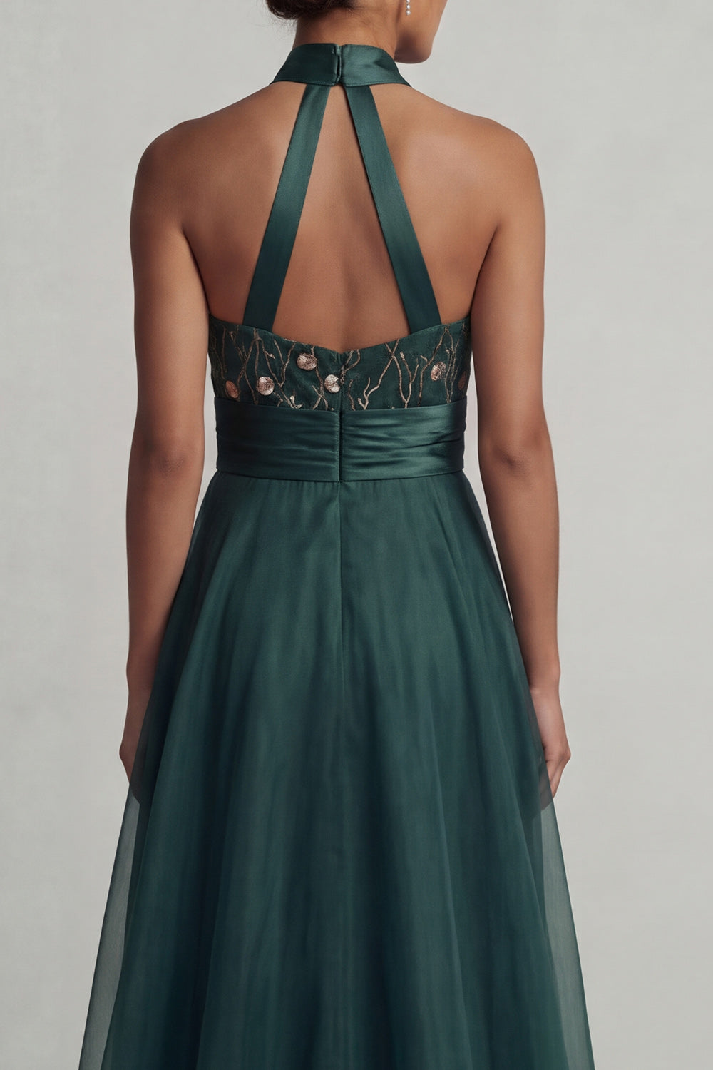 A Line Halter Dark Green Floral Maxi Wedding Guest Dress