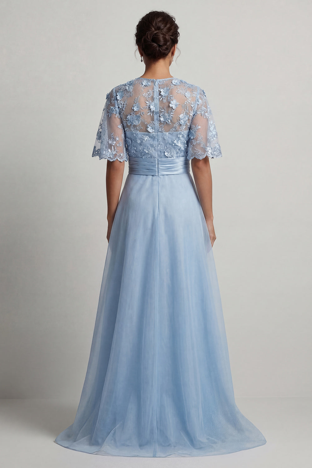 Sky Blue Floral Round Neck A Line Long Wedding Guest Dress with Sleeves