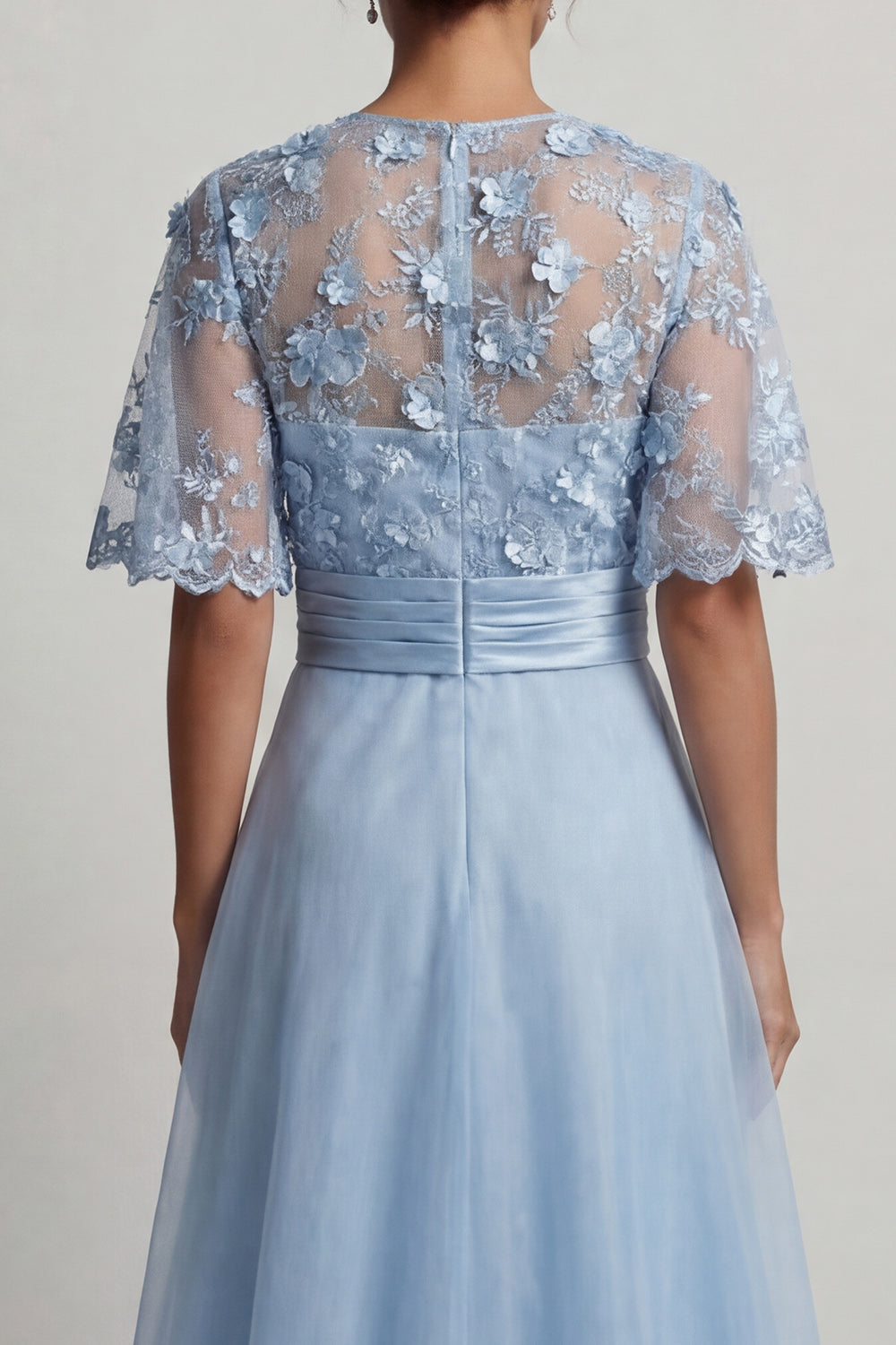 Sky Blue Floral Round Neck A Line Long Wedding Guest Dress with Sleeves