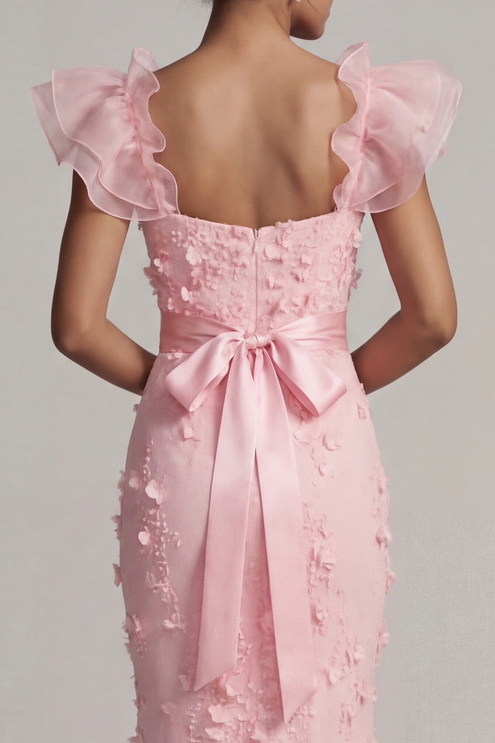 Blush Mermaid Ruffled Floral Long Wedding Guest Dress with Sleeves
