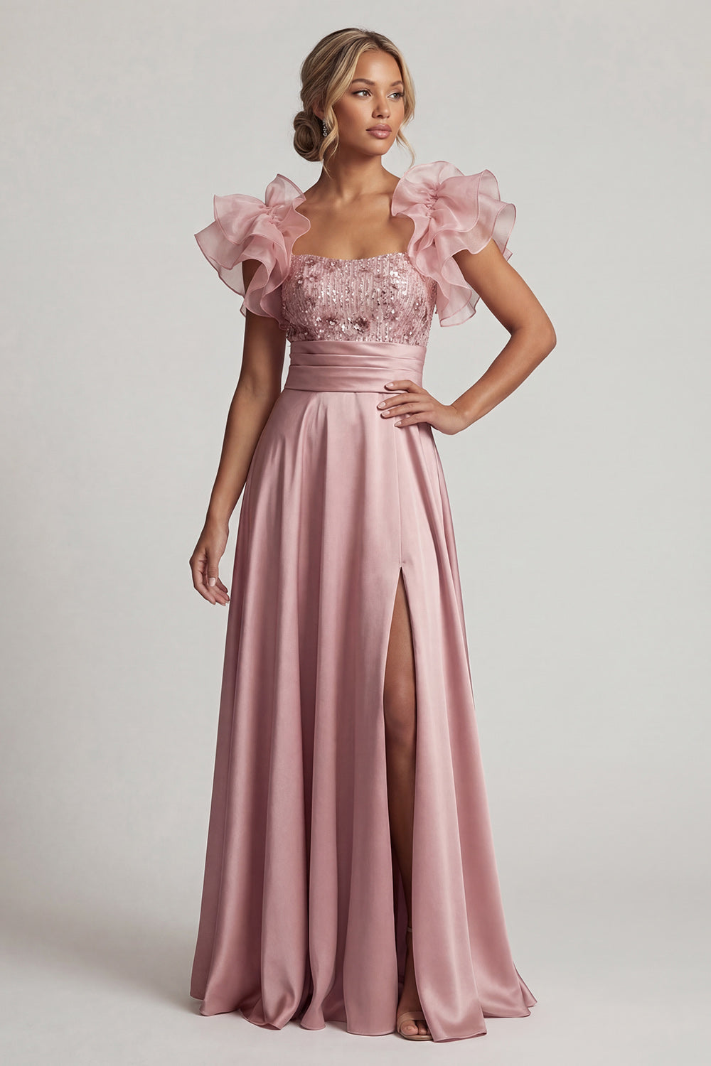 Sparkly A Line Dusty Rose Beaded Maxi Wedding Guest Dress with Ruffles