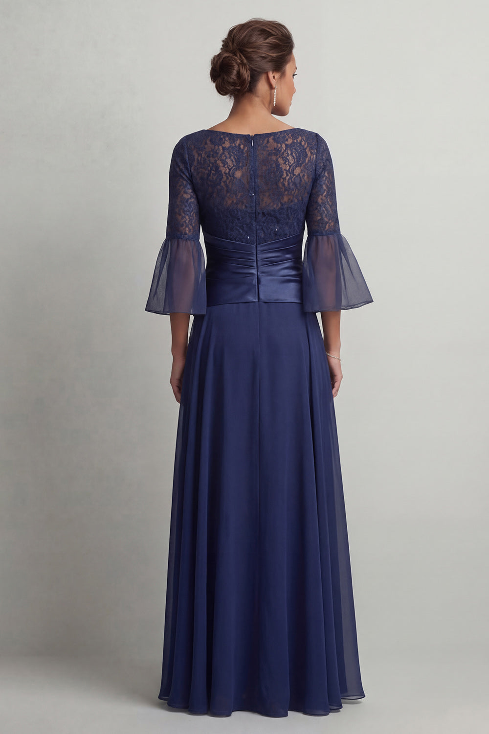 Navy Boat Neck A Line Long Wedding Guest Dress with Lace