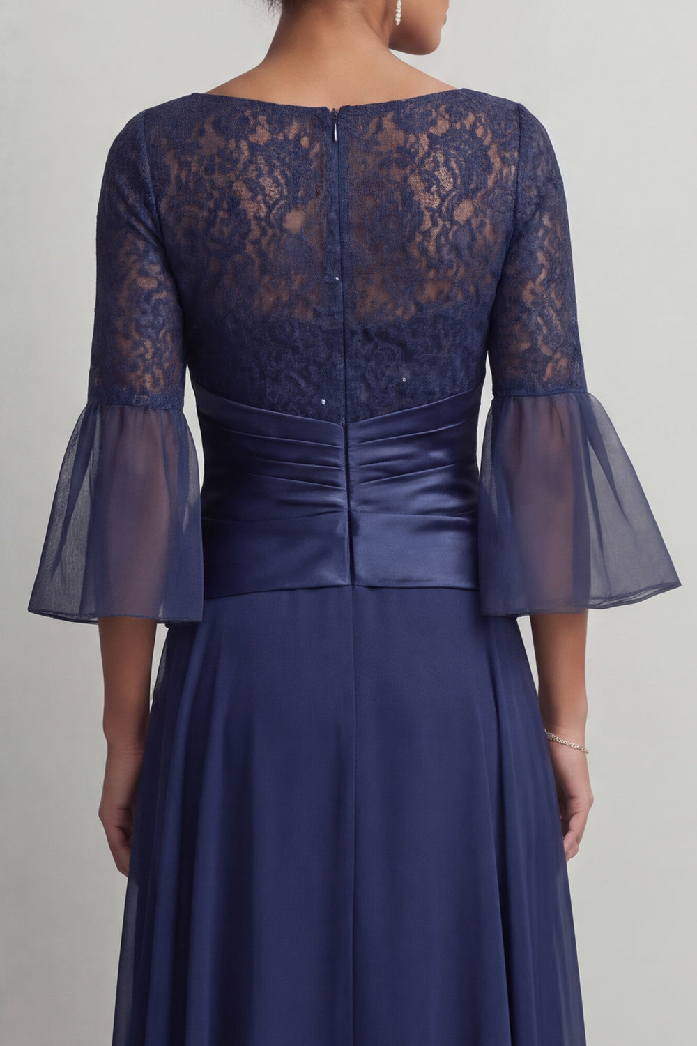 Navy Boat Neck A Line Long Wedding Guest Dress with Lace