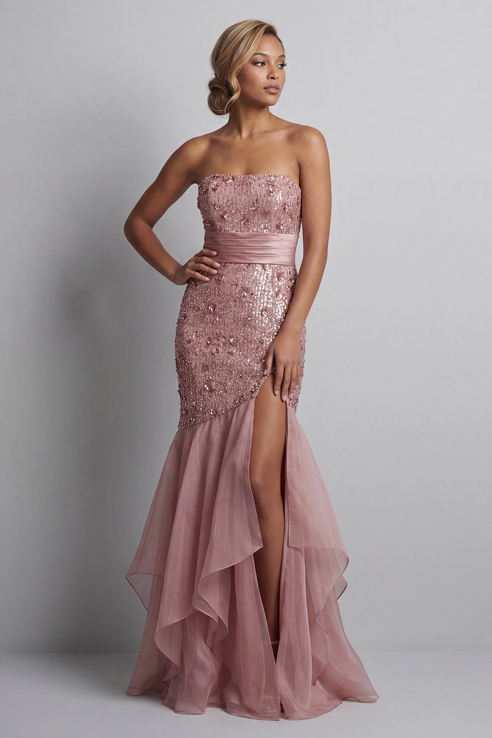 Sparkly Dusty Rose Mermaid Ruffled Long Wedding Guest Dress with Sequins