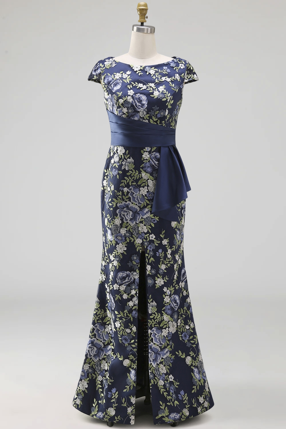 Navy Floral Mermaid Round Neck Long Wedding Guest Dress with Slit