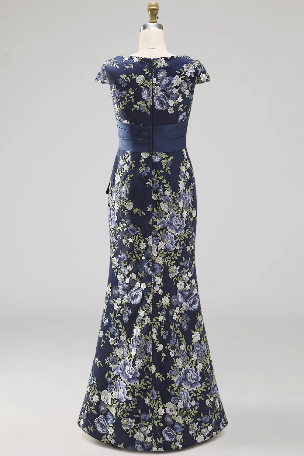 Navy Floral Mermaid Round Neck Long Wedding Guest Dress with Slit