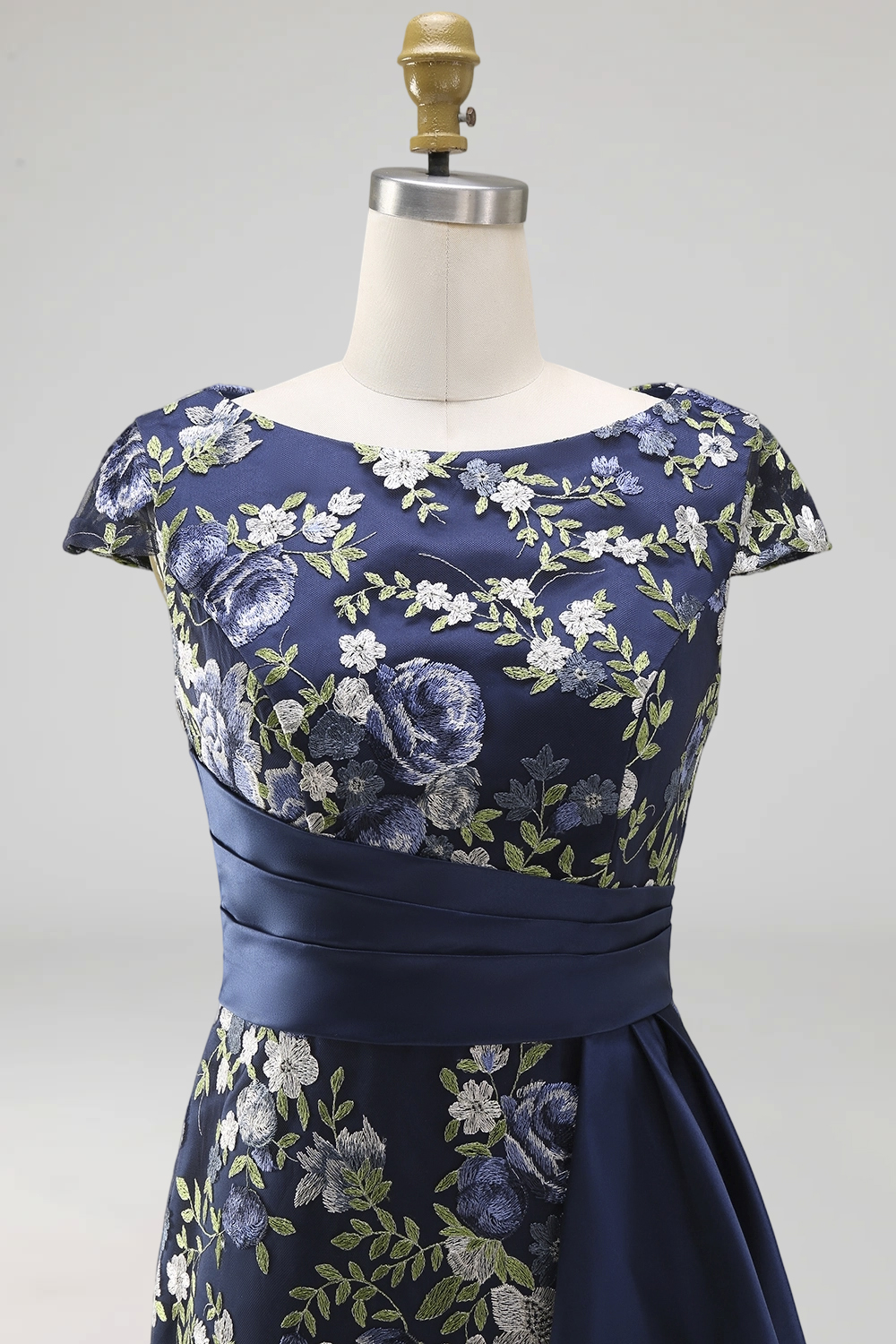 Navy Floral Mermaid Round Neck Long Wedding Guest Dress with Slit