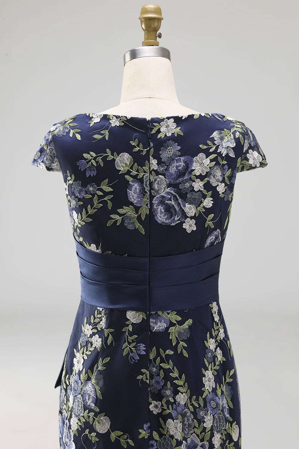 Navy Floral Mermaid Round Neck Long Wedding Guest Dress with Slit
