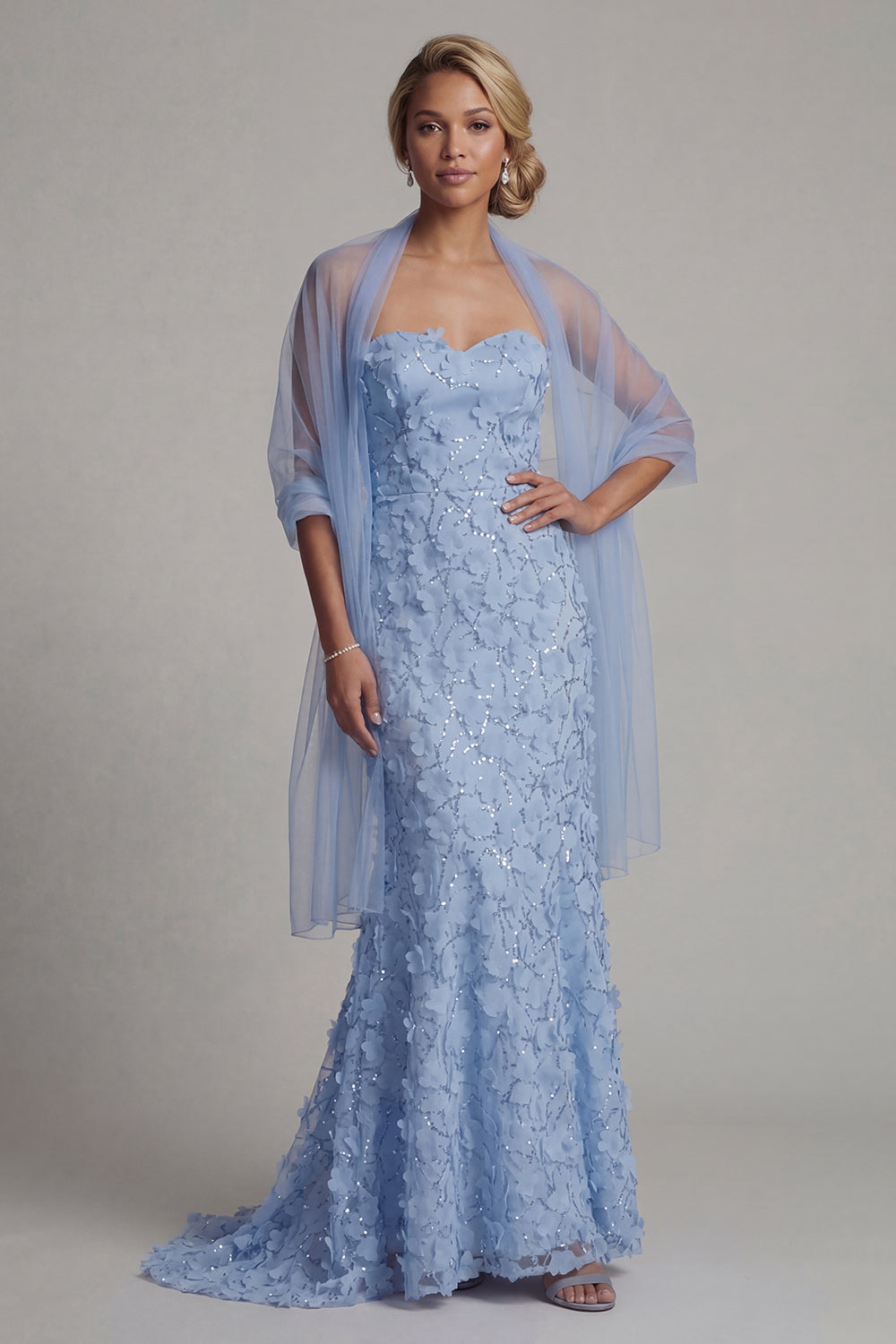 Sparkly Sky Blue Beaded Mermaid Long Wedding Guest Dress with Shawl