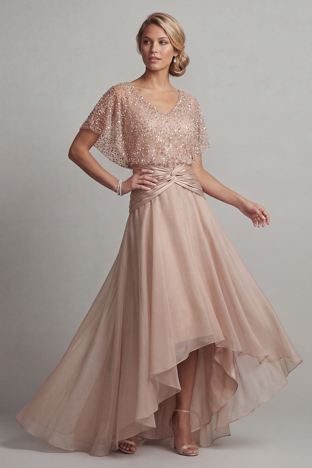 Sparkly Champagne Sequins A Line Asymmetrical Wedding Guest Dress