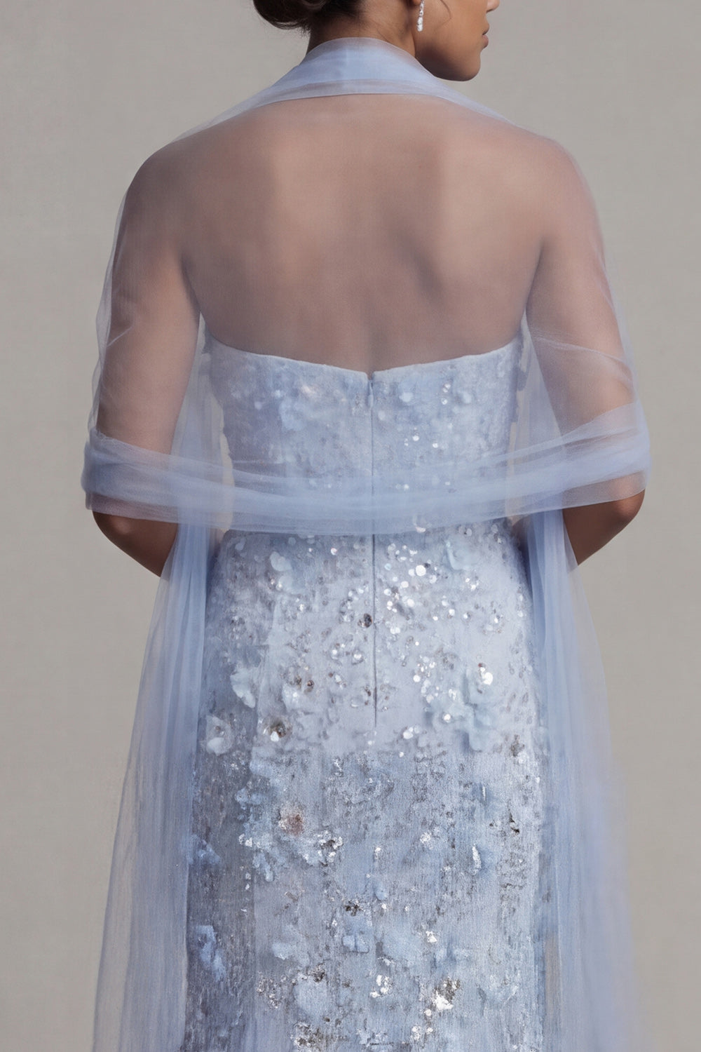 Sparkly Floral Sky Blue Mermaid Sweetheart Maxi Wedding Guest Dress with Shawl