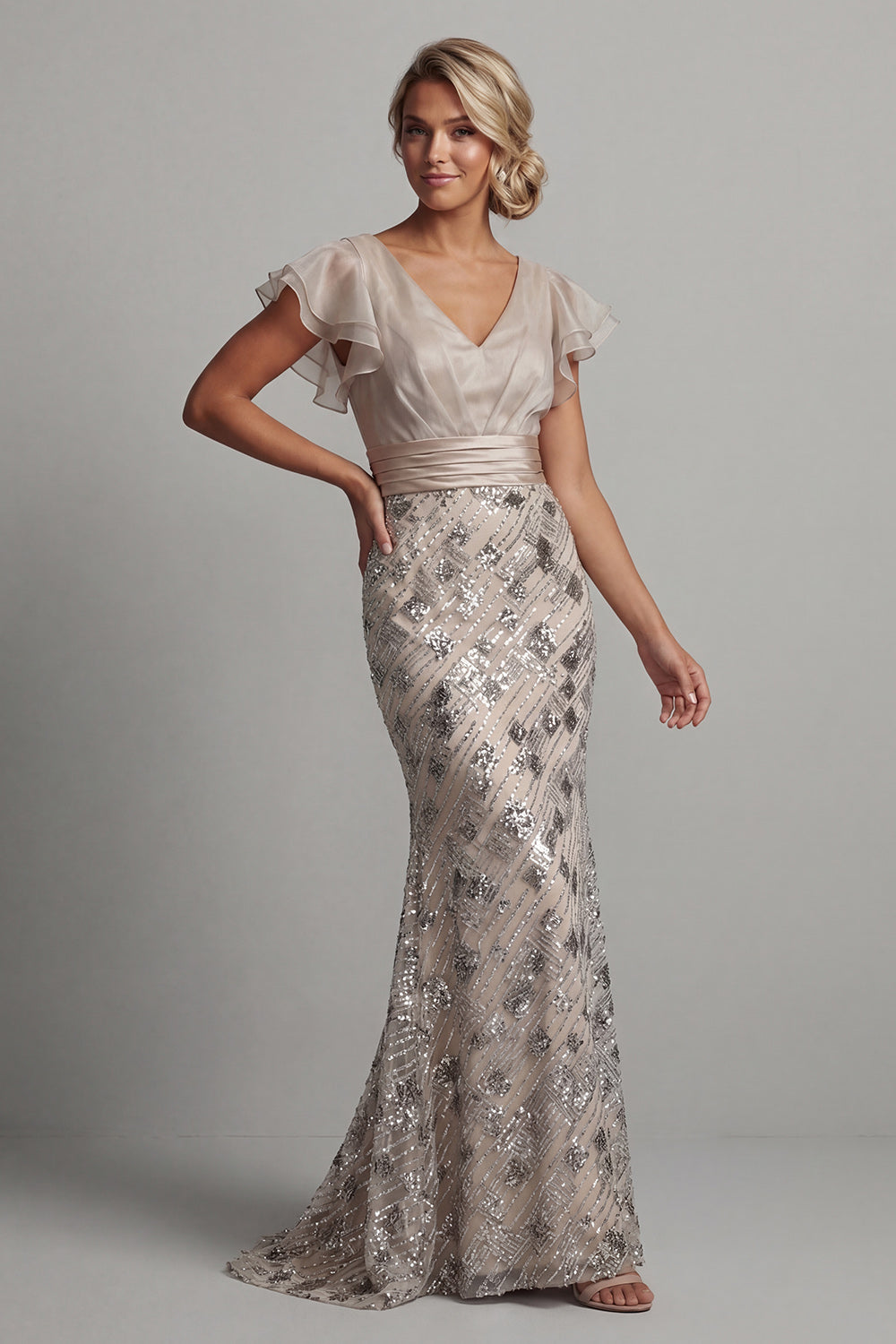 Sparkly Apricot Mermaid Ruffled Maxi Wedding Guest Dress with Sequins