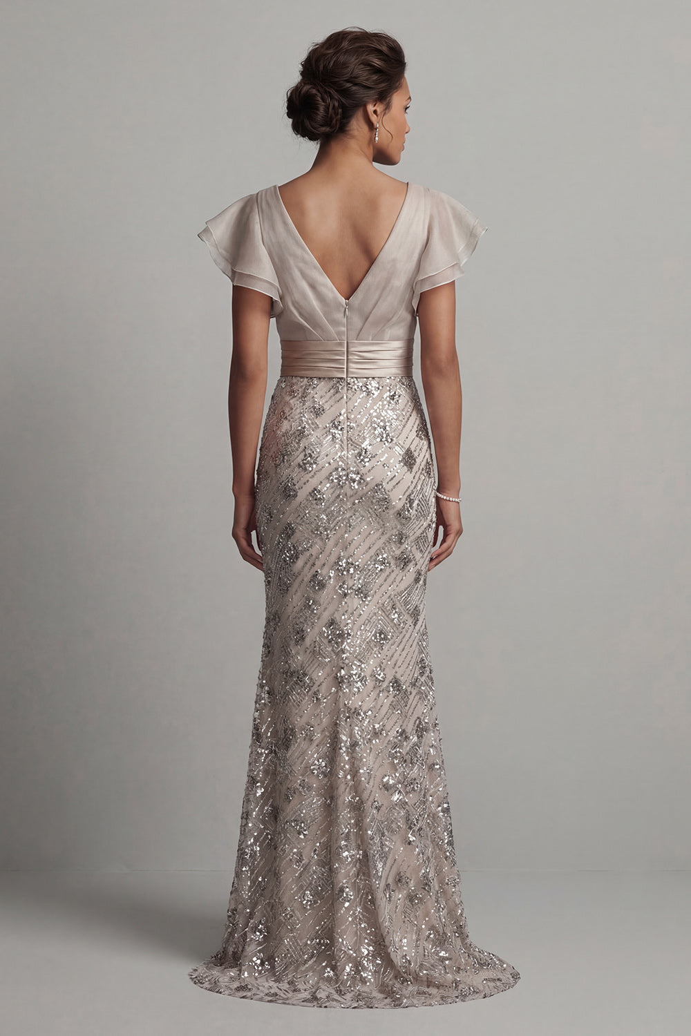 Sparkly Apricot Mermaid Ruffled Maxi Wedding Guest Dress with Sequins