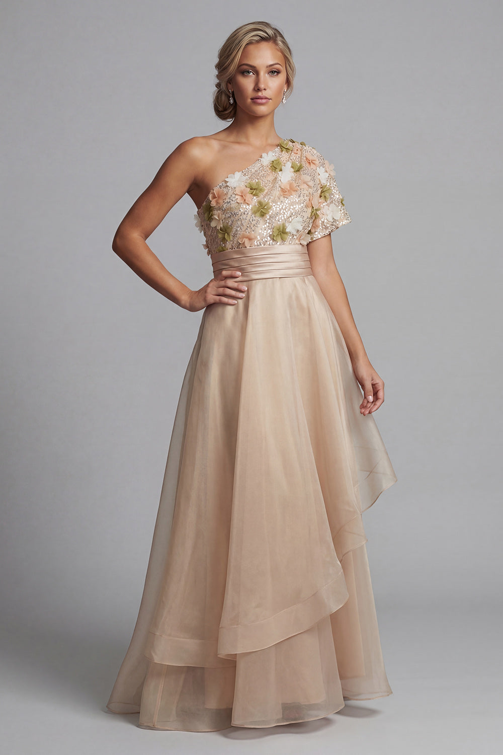 Champagne A Line Ruffled ong Wedding Guest Dress with 3D Flowers