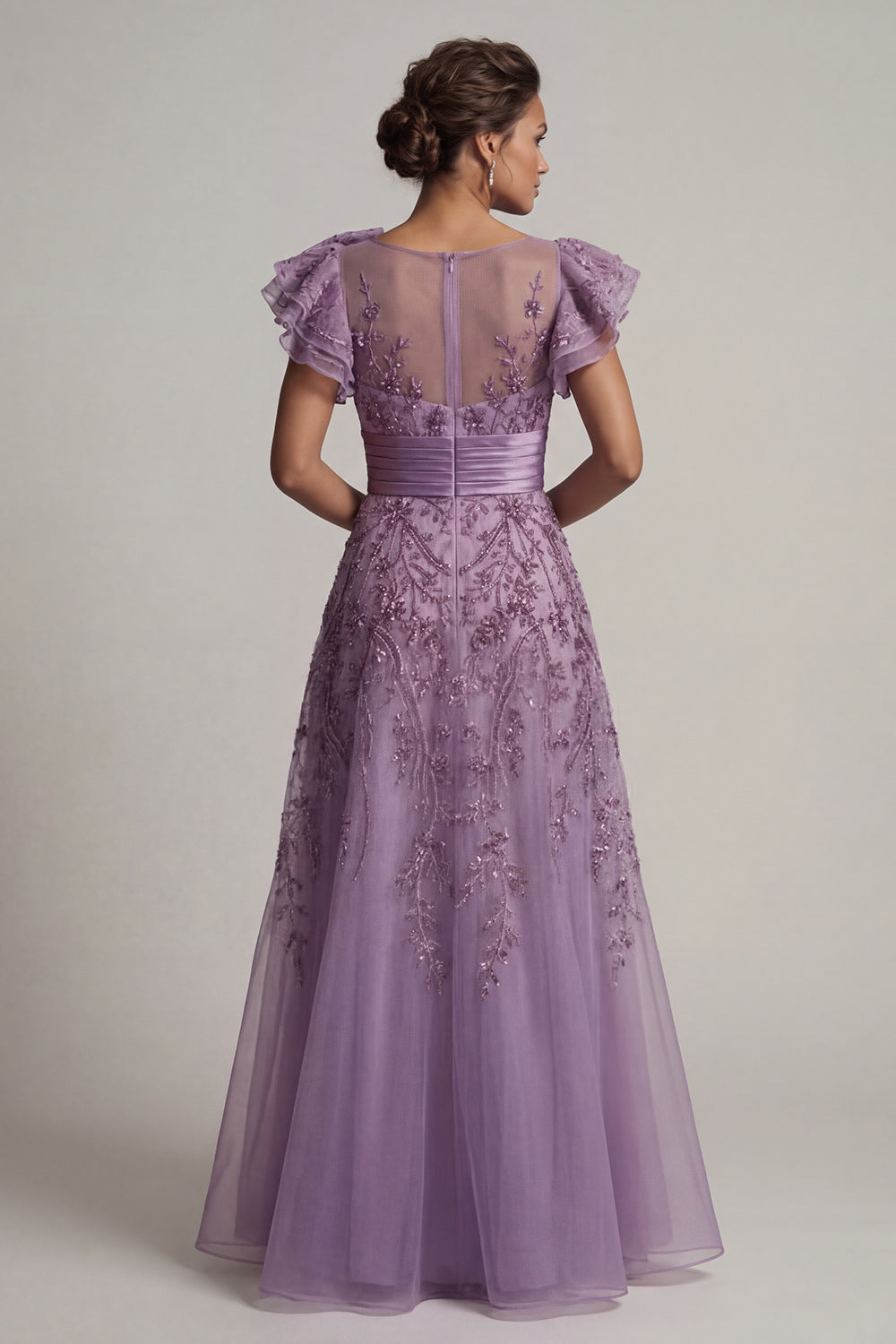 Sparkly A Line Ruffled Purple Long Wedding Guest Dress with Beading