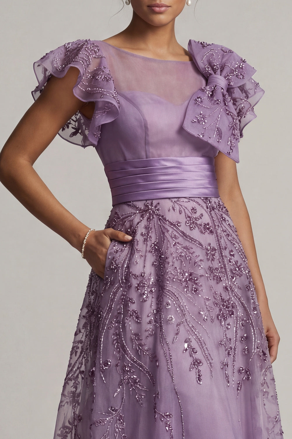 Sparkly A Line Ruffled Purple Long Wedding Guest Dress with Beading