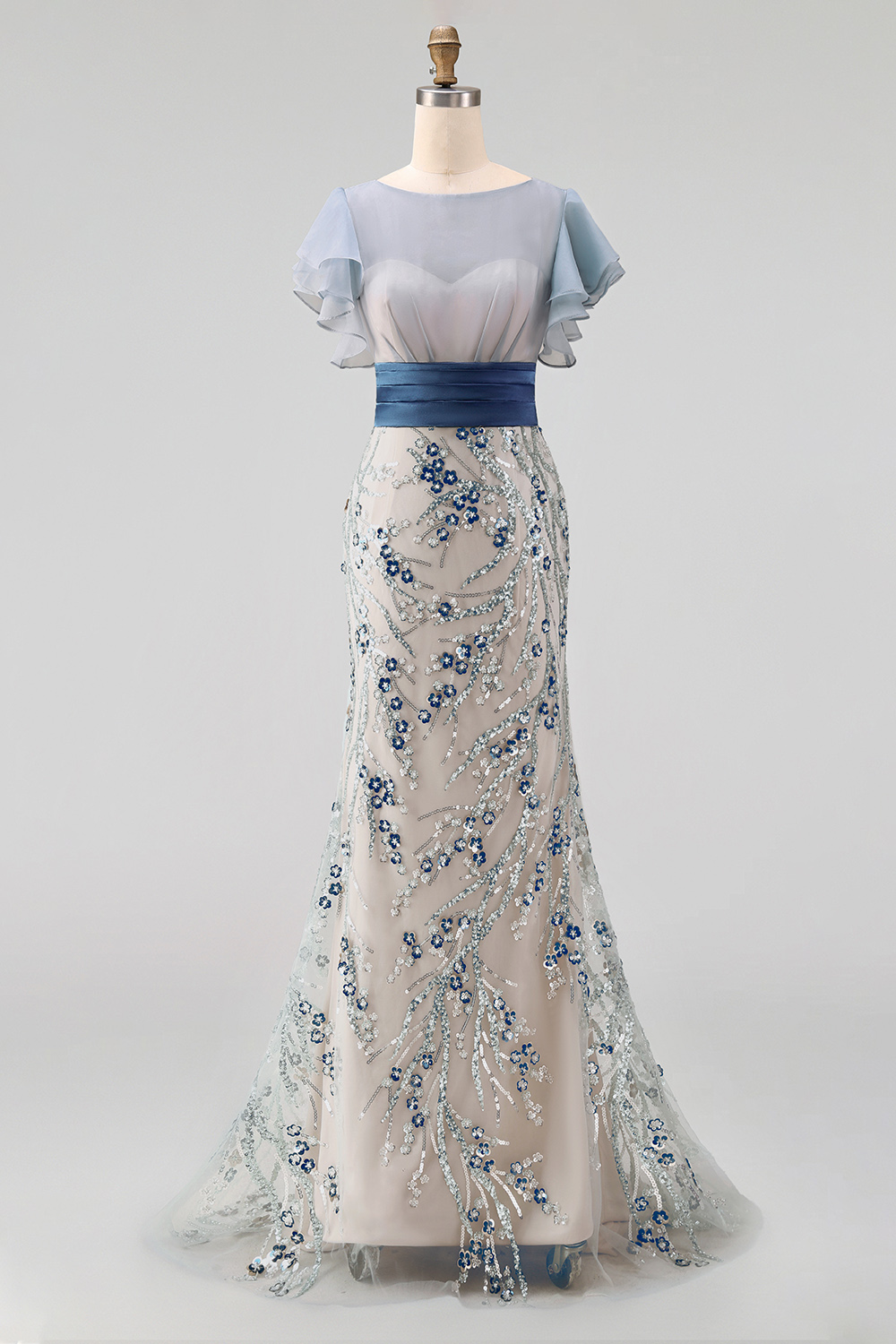 Sparkly Mermaid Dusty Blue Long Wedding Guest Dress with Ruffled Sleeves