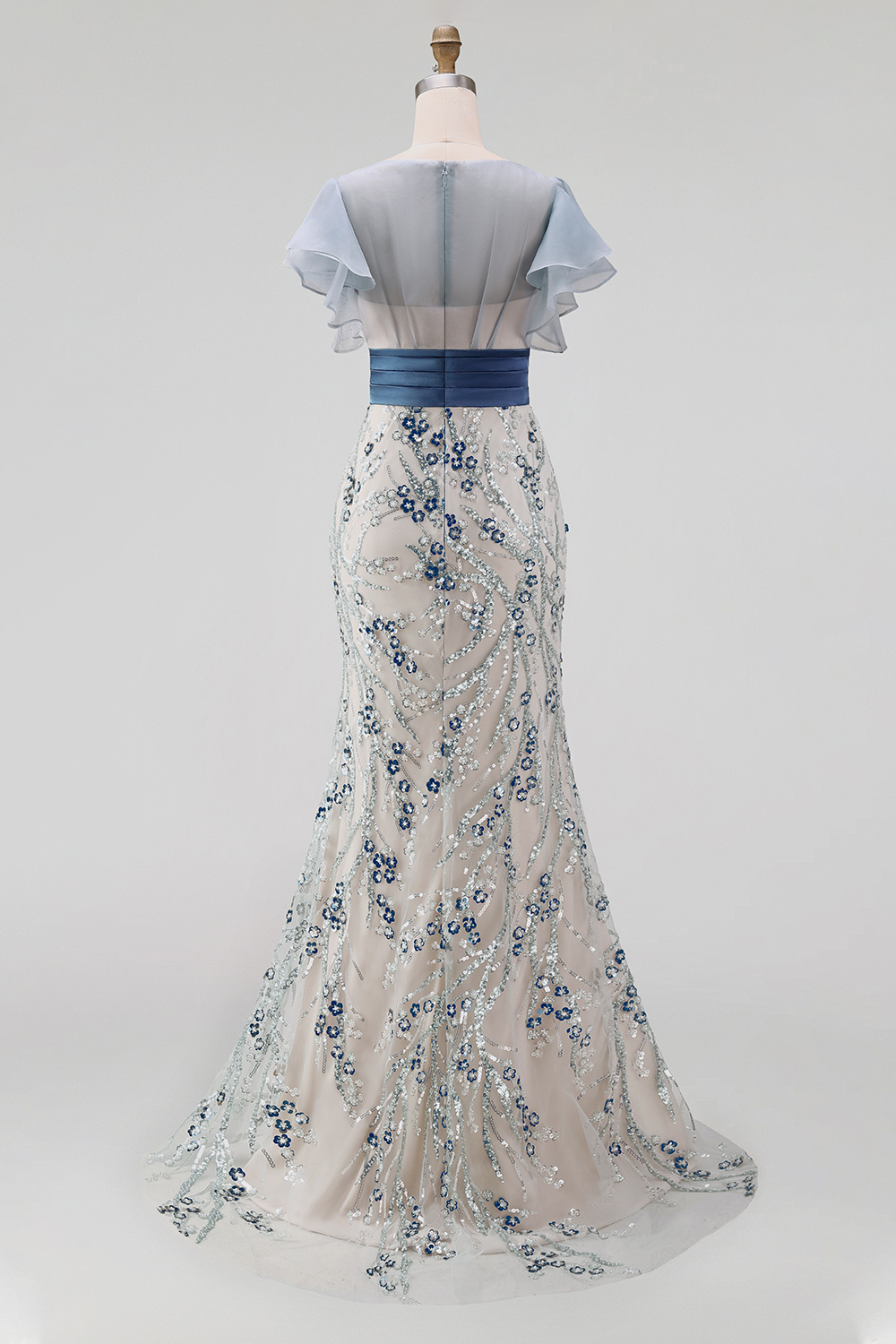 Sparkly Mermaid Dusty Blue Long Wedding Guest Dress with Ruffled Sleeves