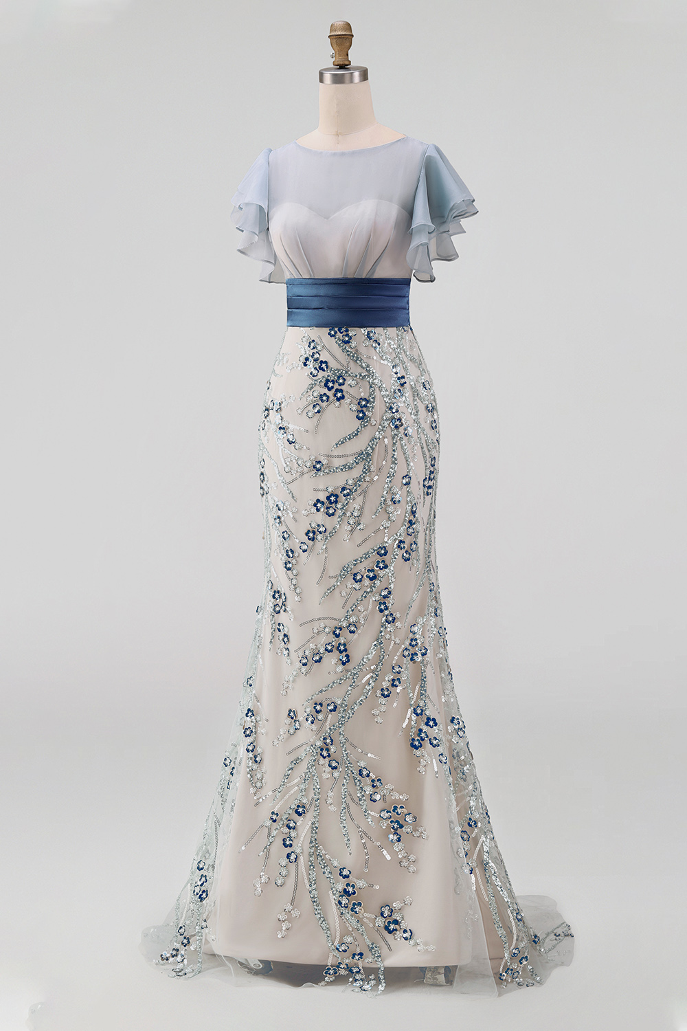 Sparkly Mermaid Dusty Blue Long Wedding Guest Dress with Ruffled Sleeves