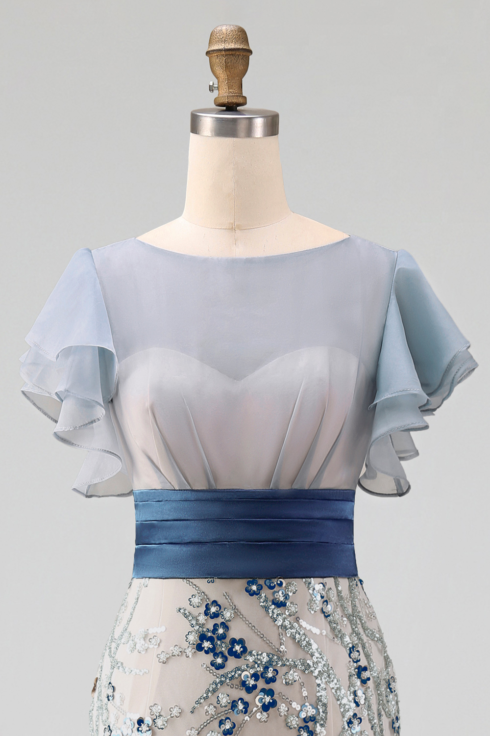 Sparkly Mermaid Dusty Blue Long Wedding Guest Dress with Ruffled Sleeves