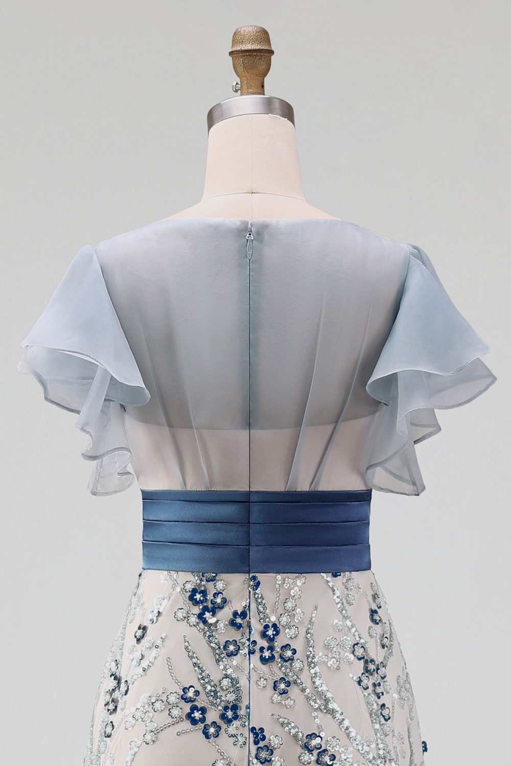Sparkly Mermaid Dusty Blue Long Wedding Guest Dress with Ruffled Sleeves