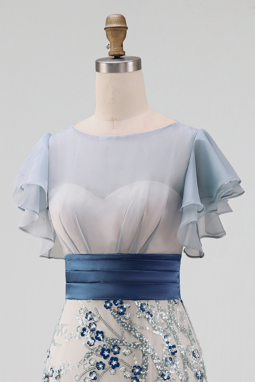 Sparkly Mermaid Dusty Blue Long Wedding Guest Dress with Ruffled Sleeves