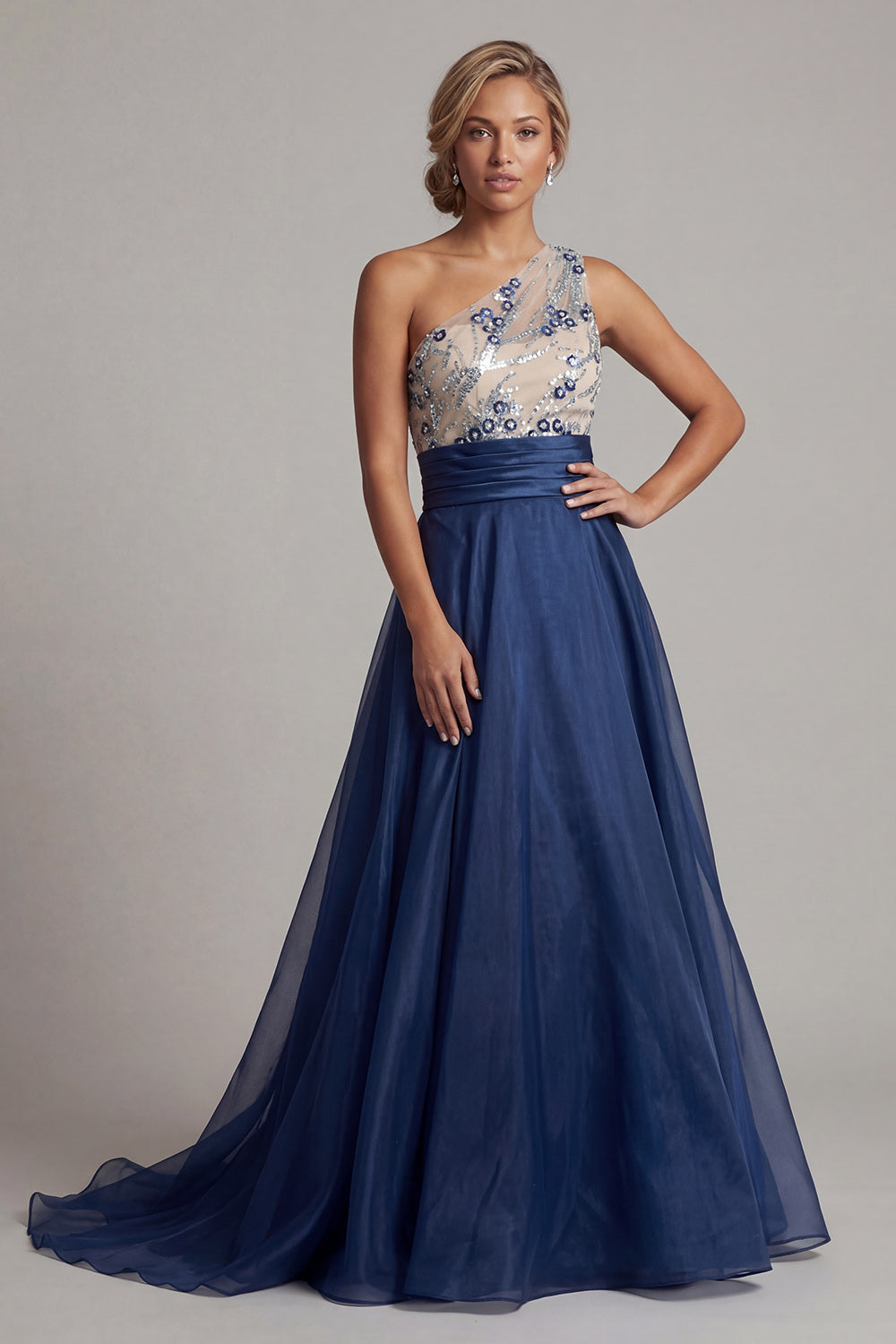 Sparkly Navy A Line One Shoulder Long Wedding Guest Dress with Sequins