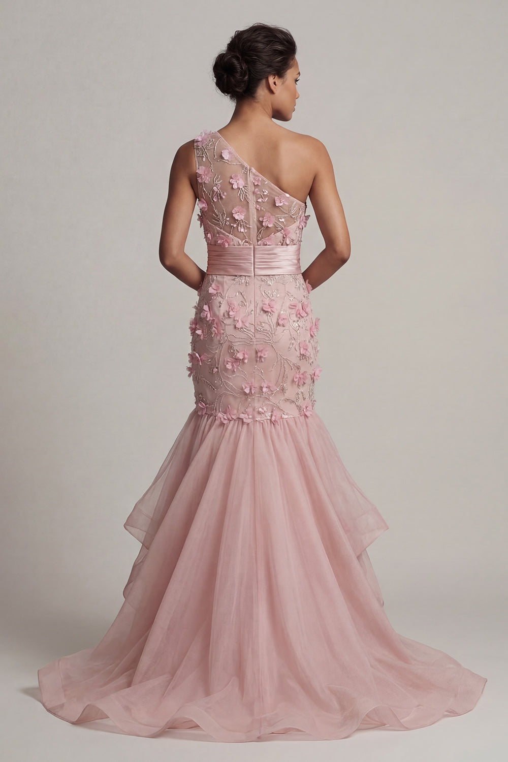 Blush Ruffled Mermaid Long Wedding Guest Dress with 3D Flowers