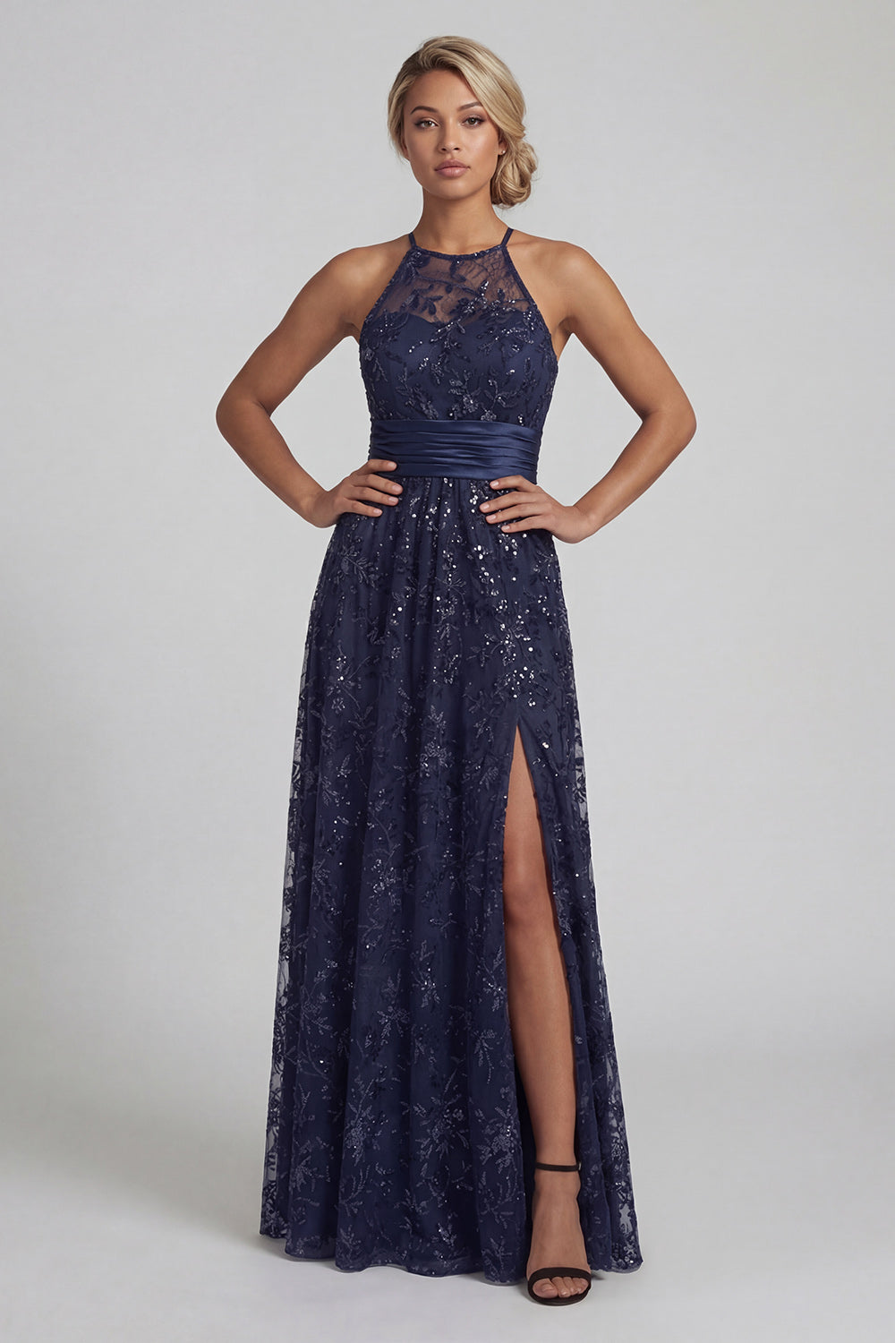 Sparkly Navy Sequins A Line Maxi Wedding Guest Dress with Slit