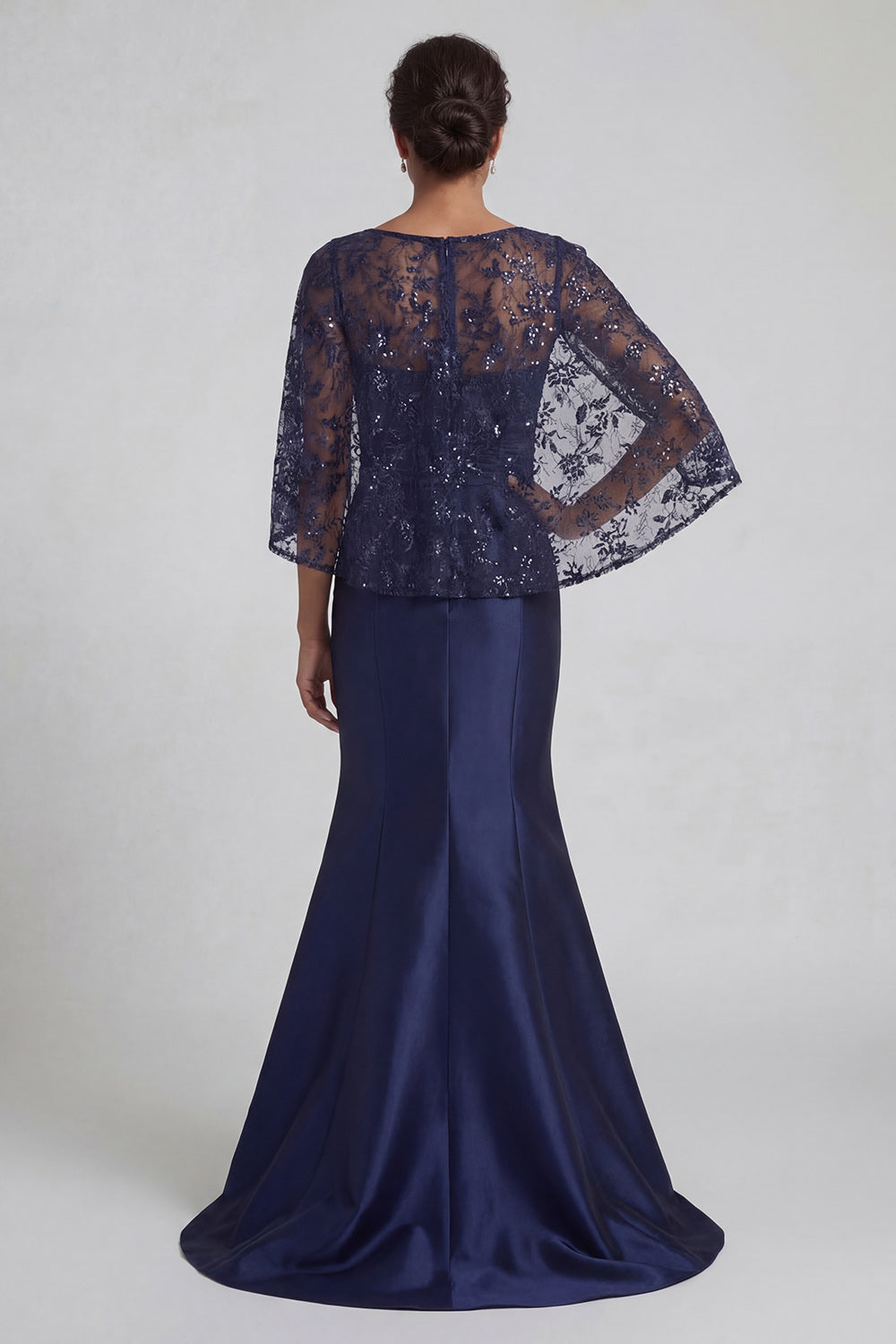 Navy Floral Long Mermaid Appliqued Wedding Guest Dress with Cape