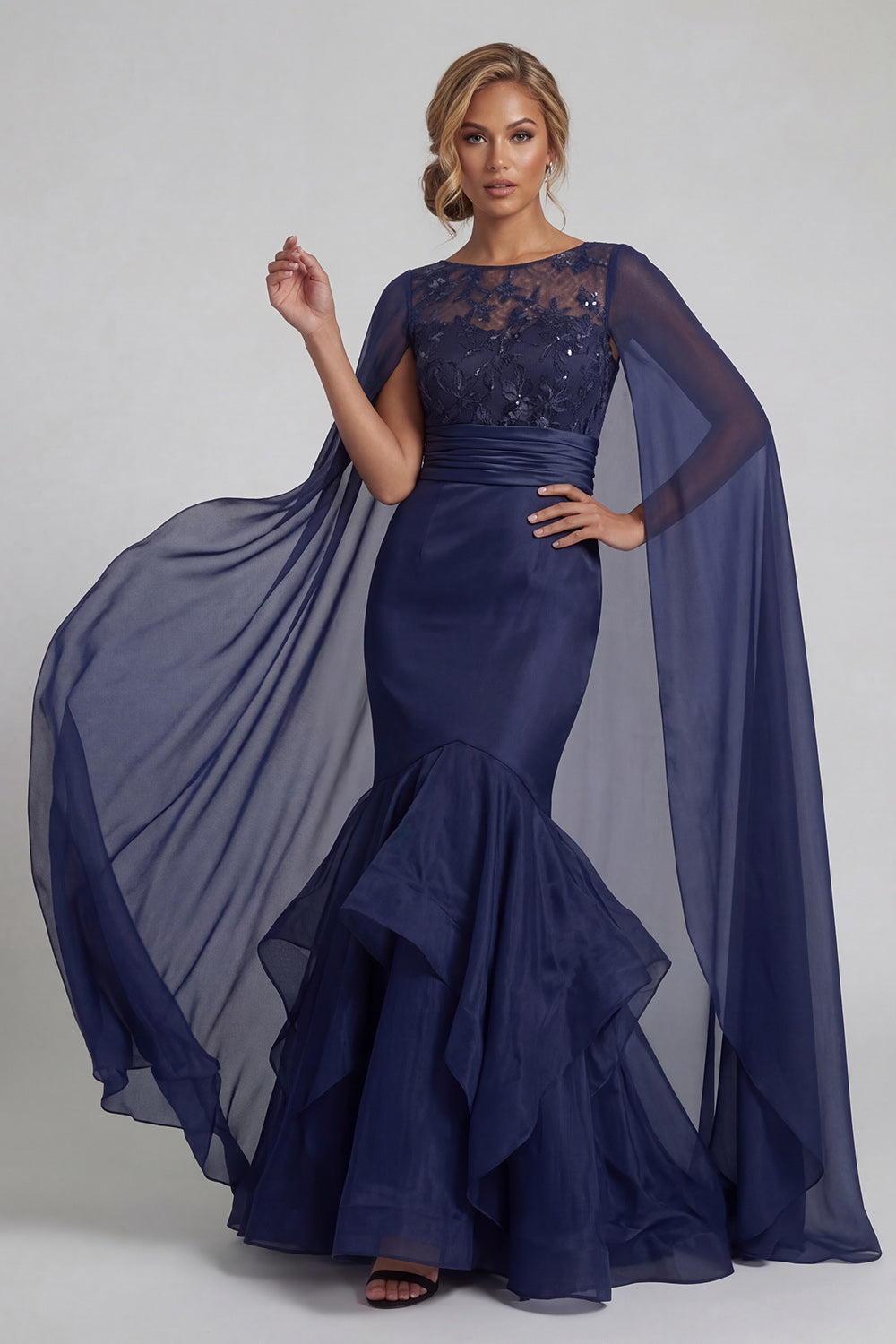 Navy Floral Mermaid Ruffled Long Wedding Guest Dress with Cape
