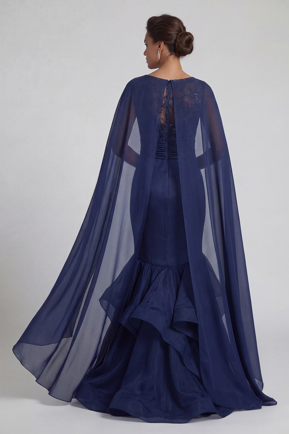 Navy Floral Mermaid Ruffled Long Wedding Guest Dress with Cape