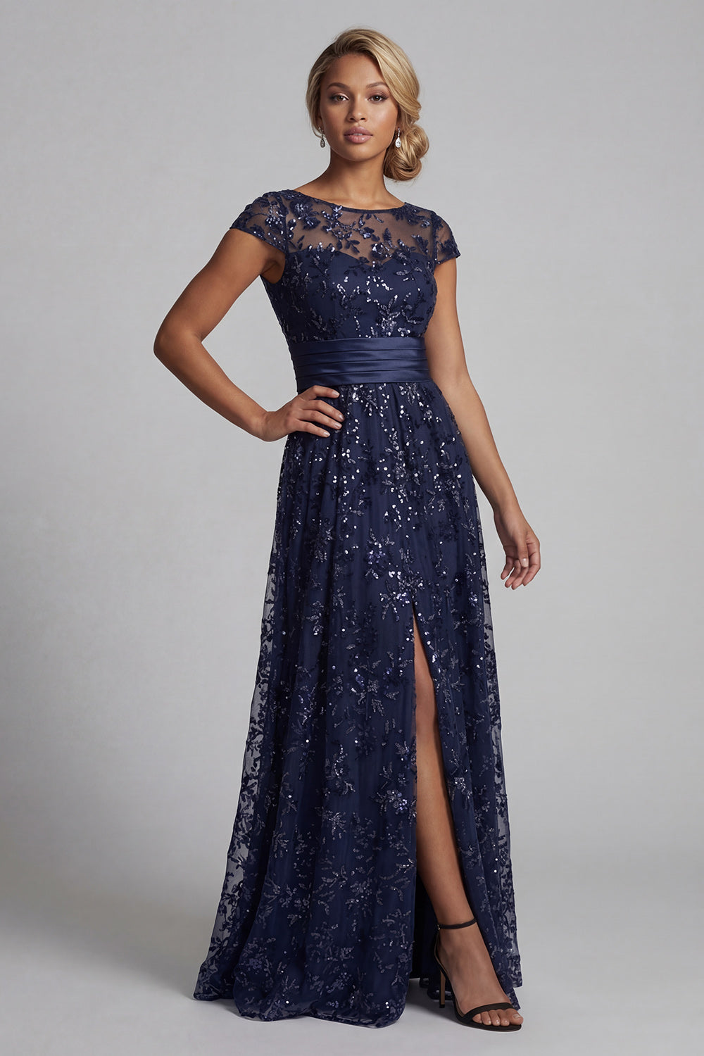 Sparkly Navy A Line Floral Sequins Maxi Wedding Guest Dress with Pockets