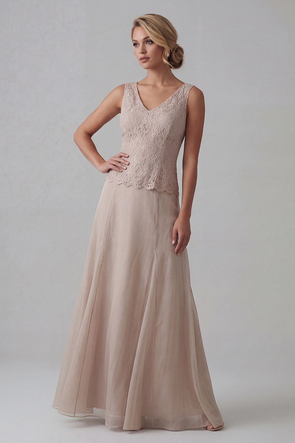 Champagne Lace A Line V Neck Long Wedding Guest Dress with Jacket
