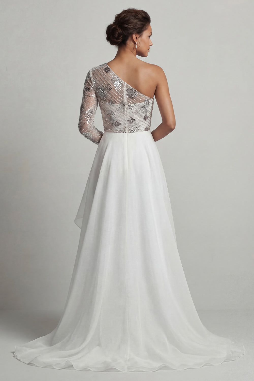 Sparkly White A Line Ruffled Long Wedding Guest Dress with Sleeves