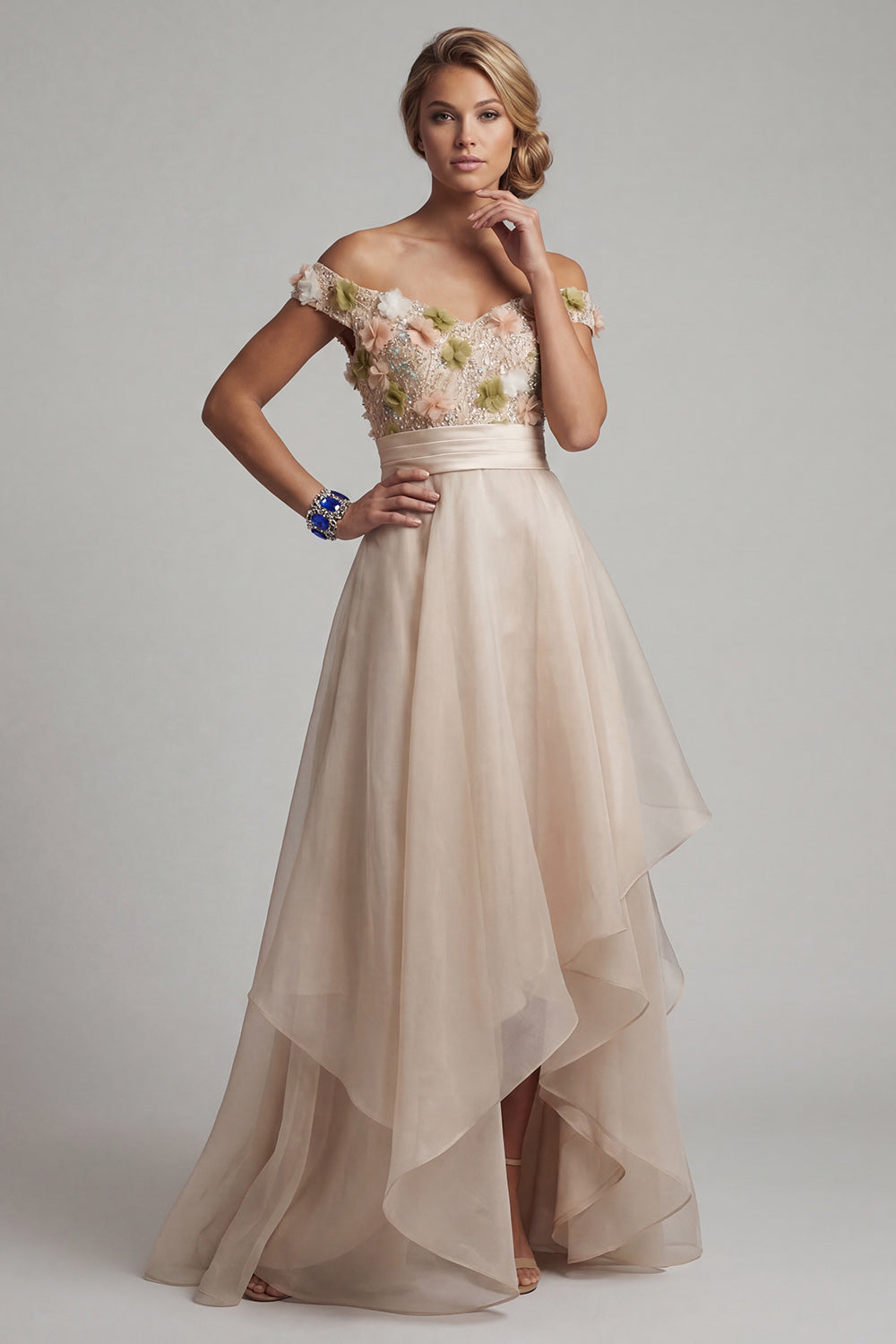 Sparkly Apricot A Line Asymmetrical Wedding Guest Dress with 3D Flowers
